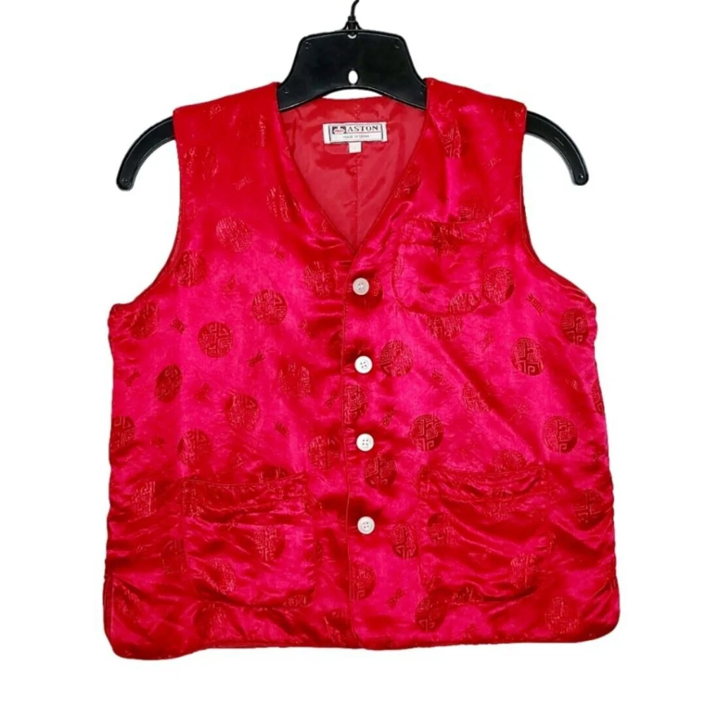 Red Asian Chinese Style Quilted Vest Silk Blend Boys Sz 14 XL